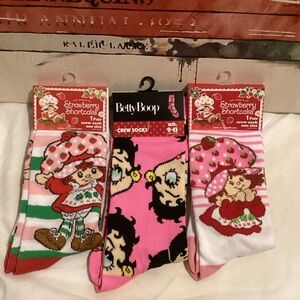 Betty Boop and Strawberry Shortcake Pink Crew Socks Trio